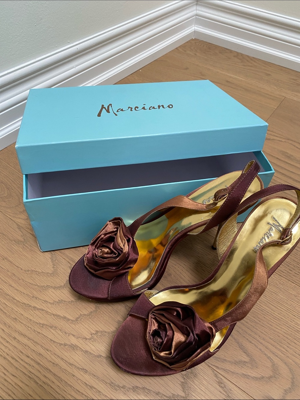 Marciano Burgundy Satin Peep-Toe Slingbacks with Rosette